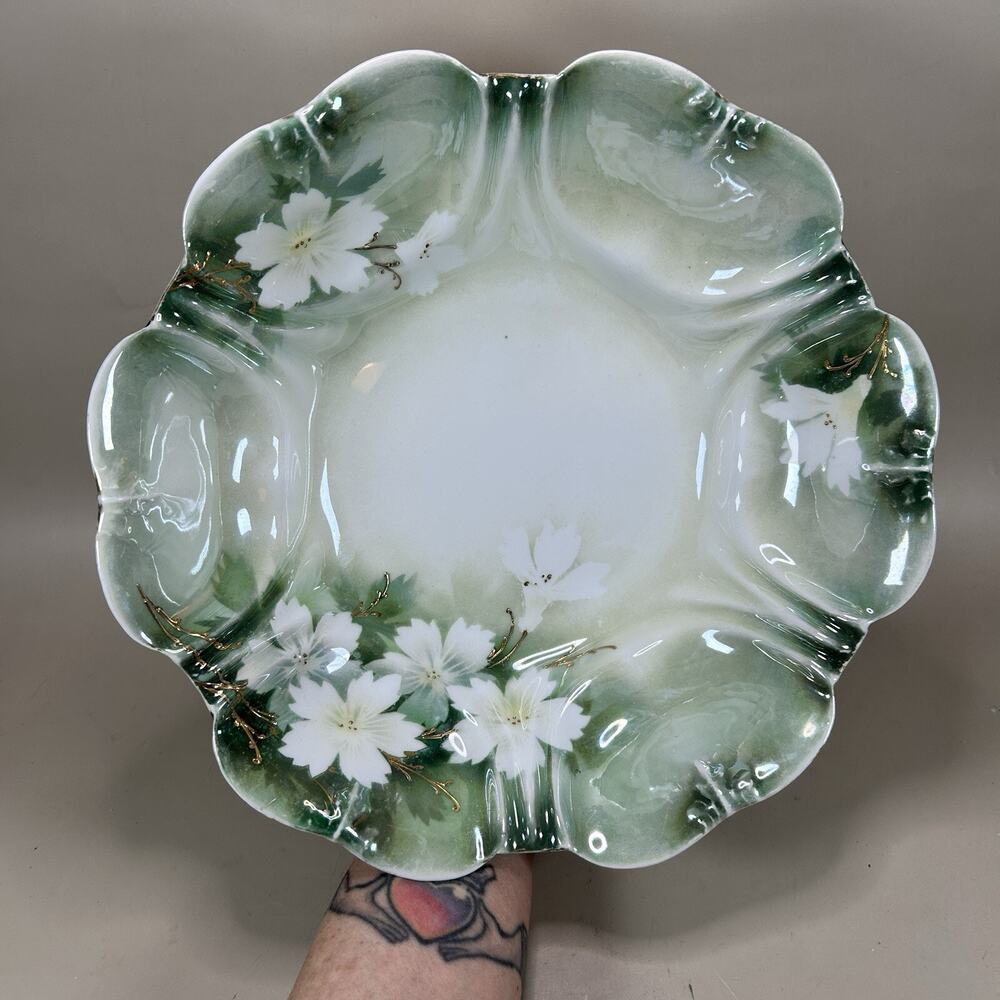 Antique RS Germany 10.25” Serving Bowl Lily Floral Green, Raised Gilt/Gold